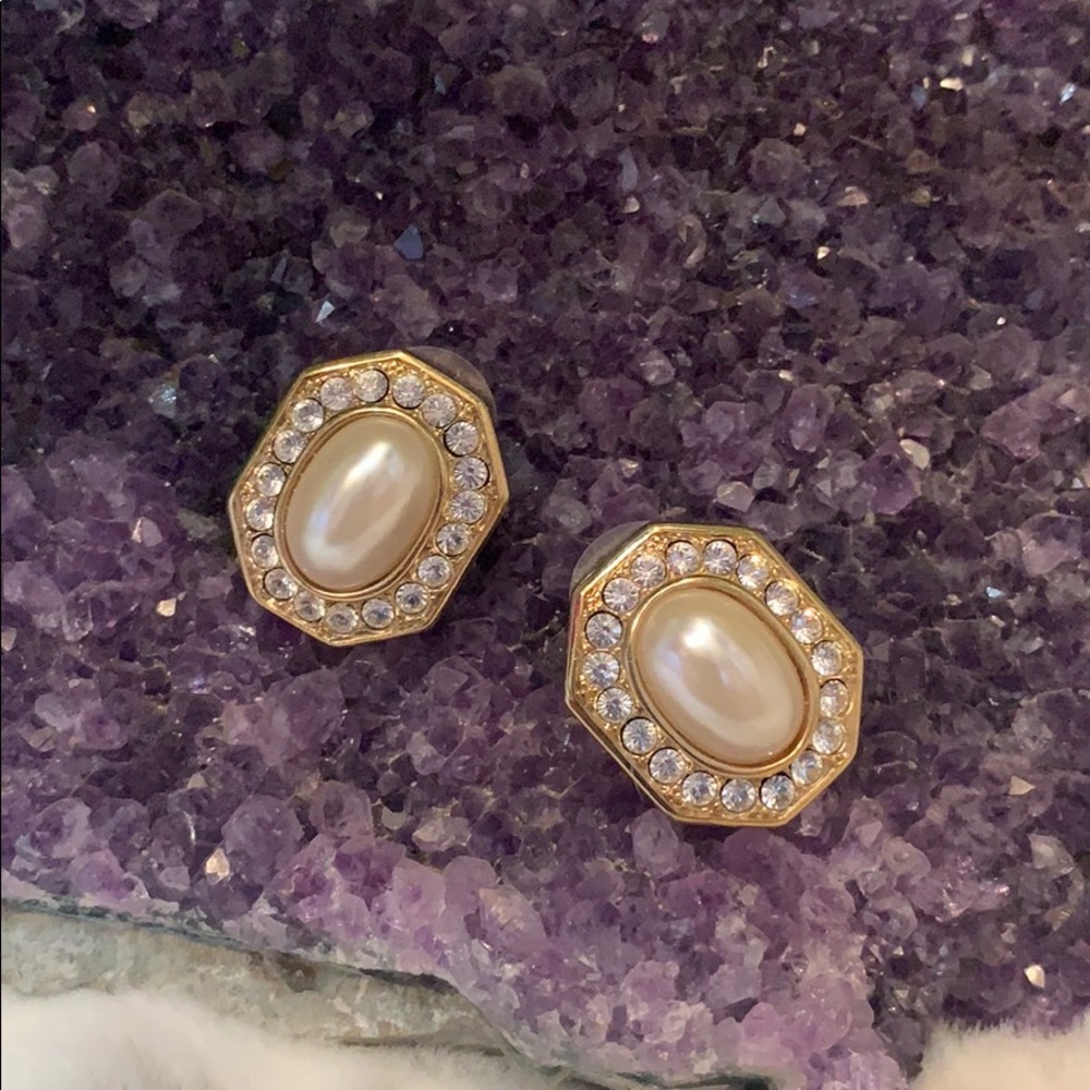 P.E.P. Vintage Octagonal Post Earrings Erwin Pearl Rhinestone & Pearl